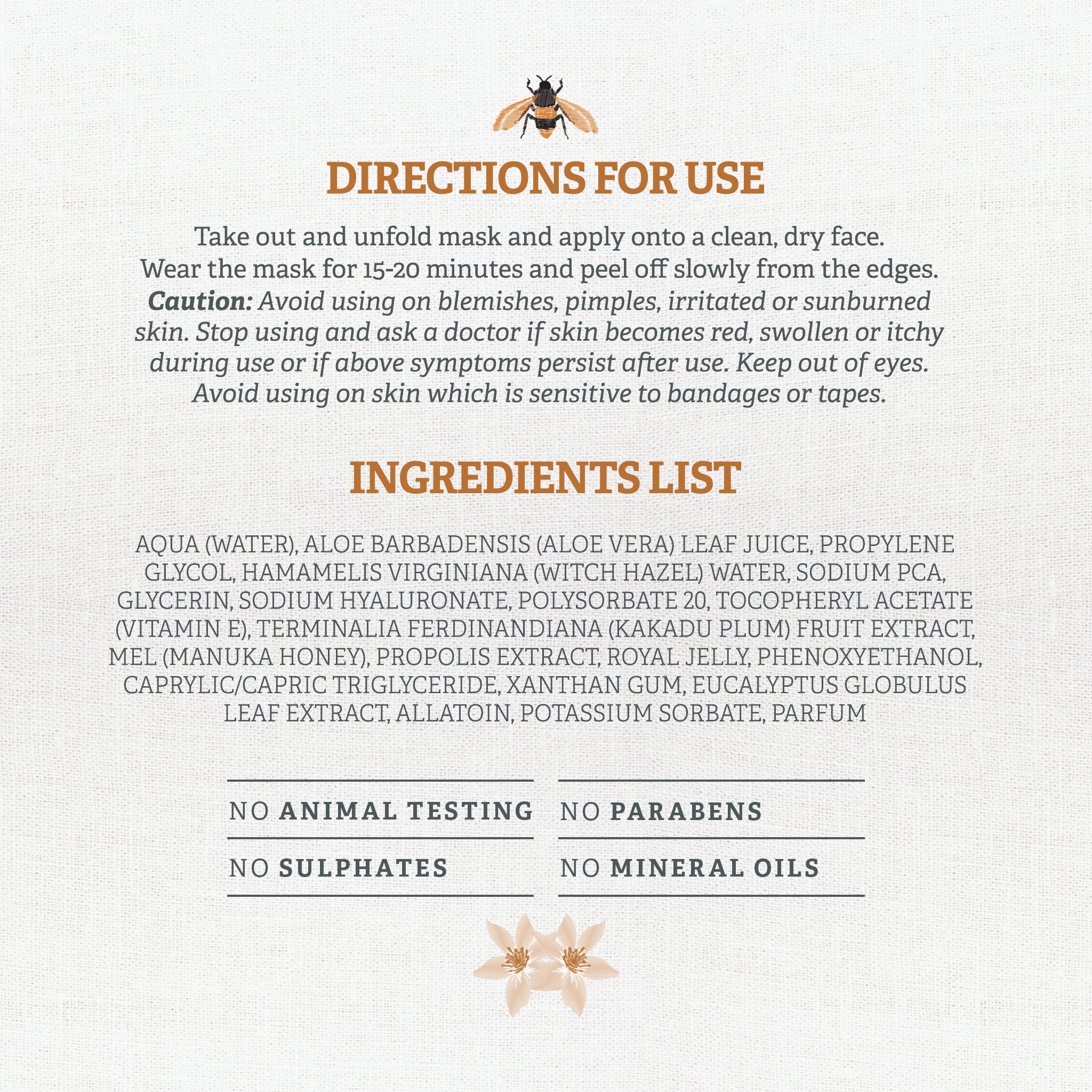 Wild Bee by Natural Life Illuminating Face Mask 5 Pack - directions for use and ingredients list