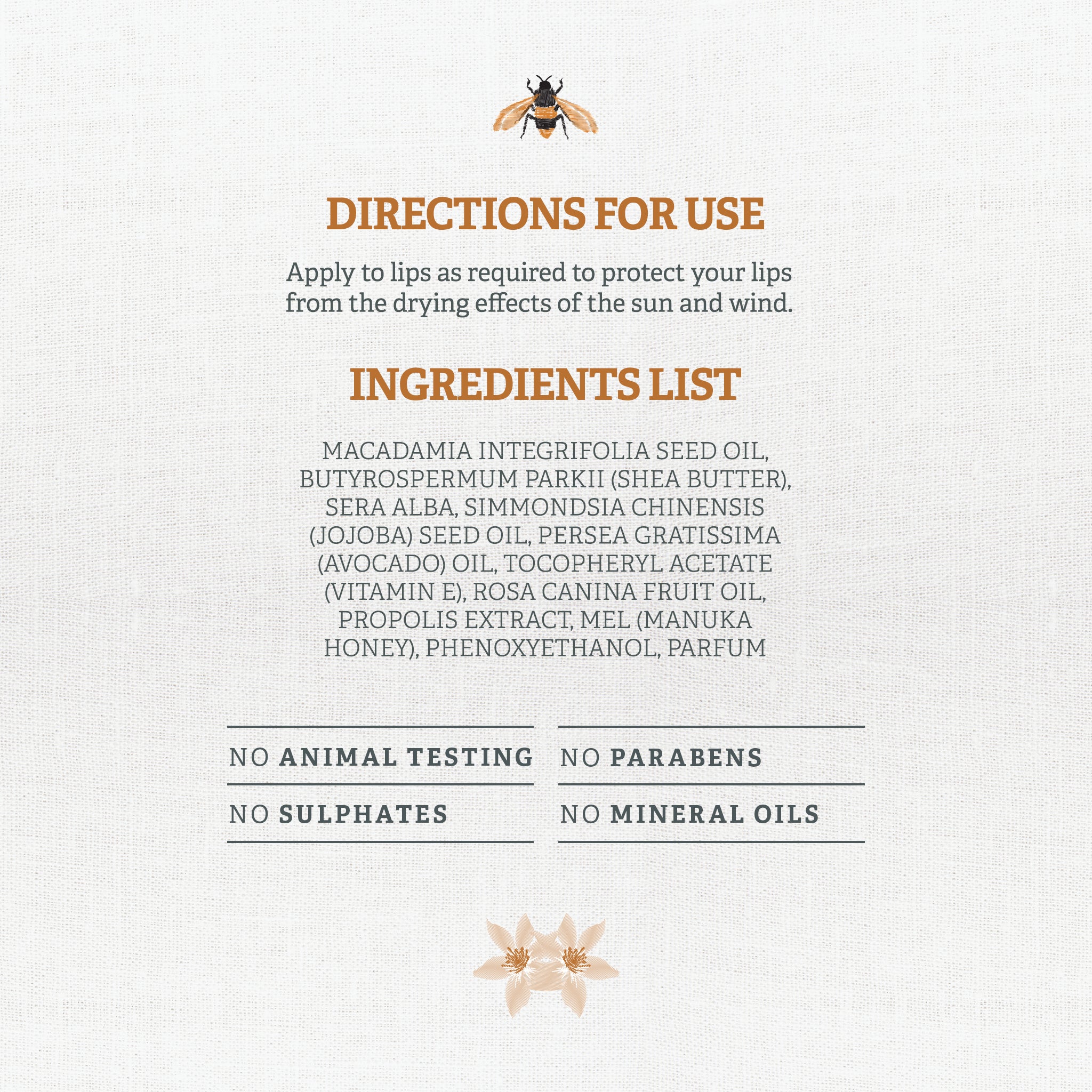 Wild Bee by Natural Life Moisturising Lip Balm - Directions for Use, Ingredients List