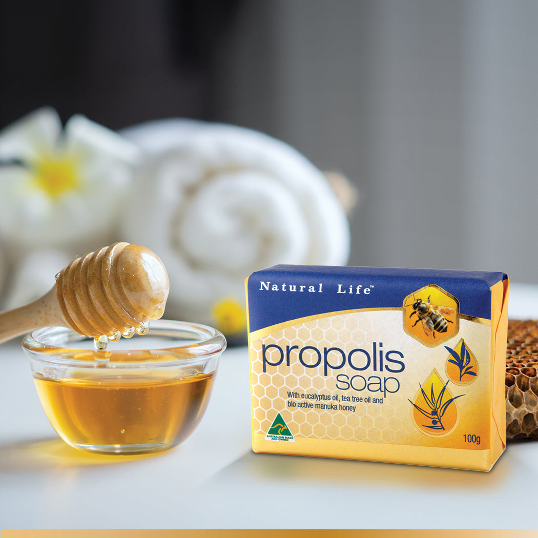Natural Life Propolis Soap with honeycomb and pot of honey 